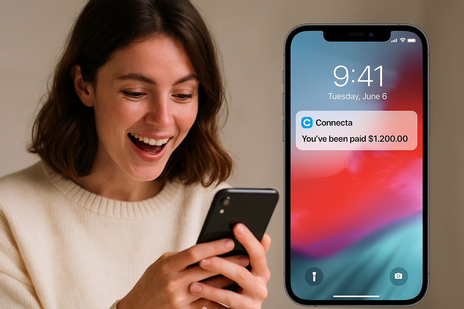 Woman smiling at phone with Connecta payment notification showing $1,200 received
